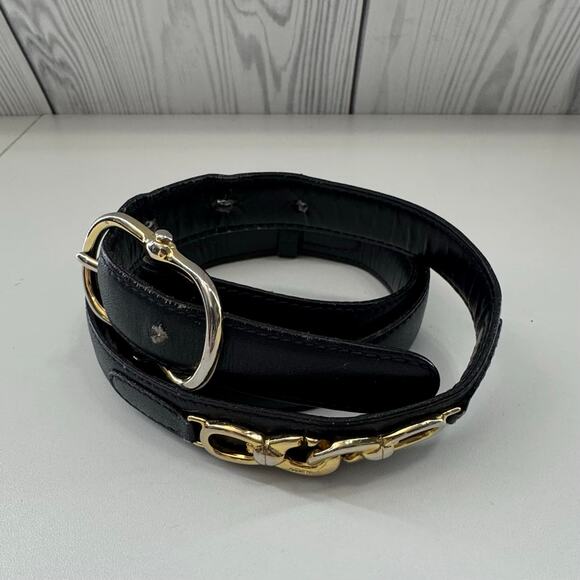 Vintage CELINE Belt Gold/Silver Buckle Navy Leather (READ) - Picture 1 of 9